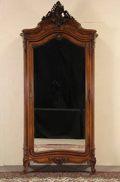 Main image of French 1900 Carved Antique Armoire, Beveled Mirror Door