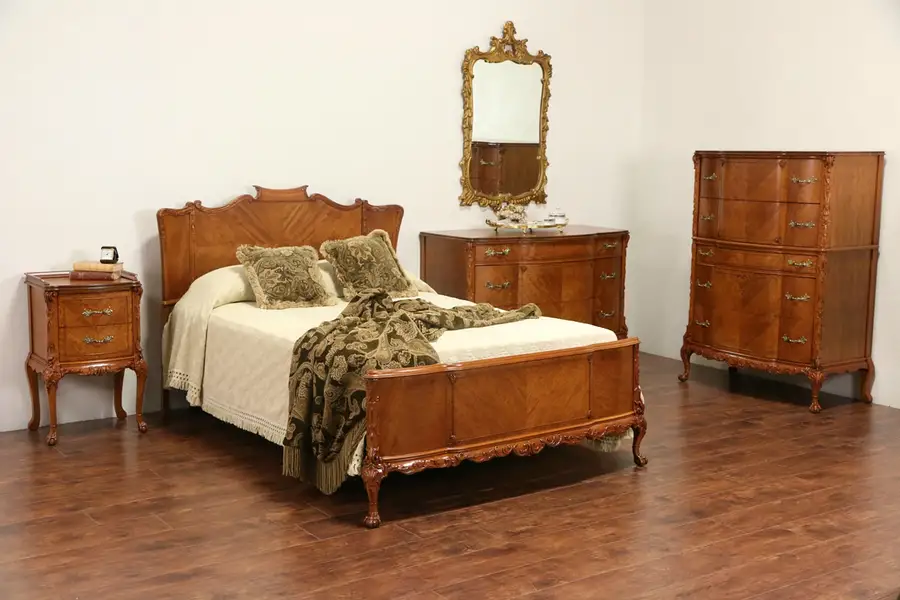 Main image of French Style 1940's Satinwood Full Size 1940's Vintage 5 Pc. Bedroom Set