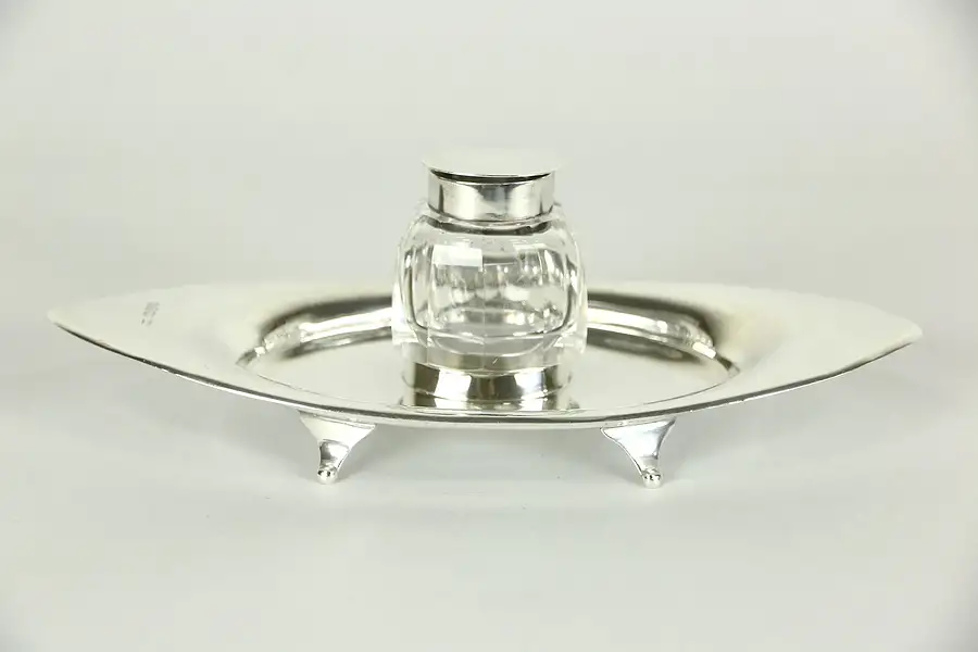 Main image of English Desktop1900 Antique Pen Tray & Inkwell, Crystal & Sterling Silver