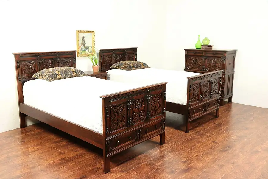 Main image of English Tudor Antique 4 Pc Oak Bedroom Set, Twin Beds, Signed Kittinger