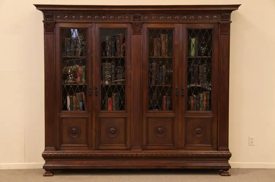 Main image of Carved Bookcase, Wrought Iron Grillwork
