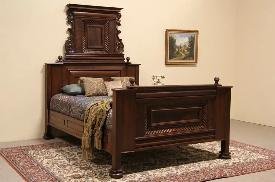 Main image of Swiss 1800's Antique Queen Size Bed, Carved Gnomes