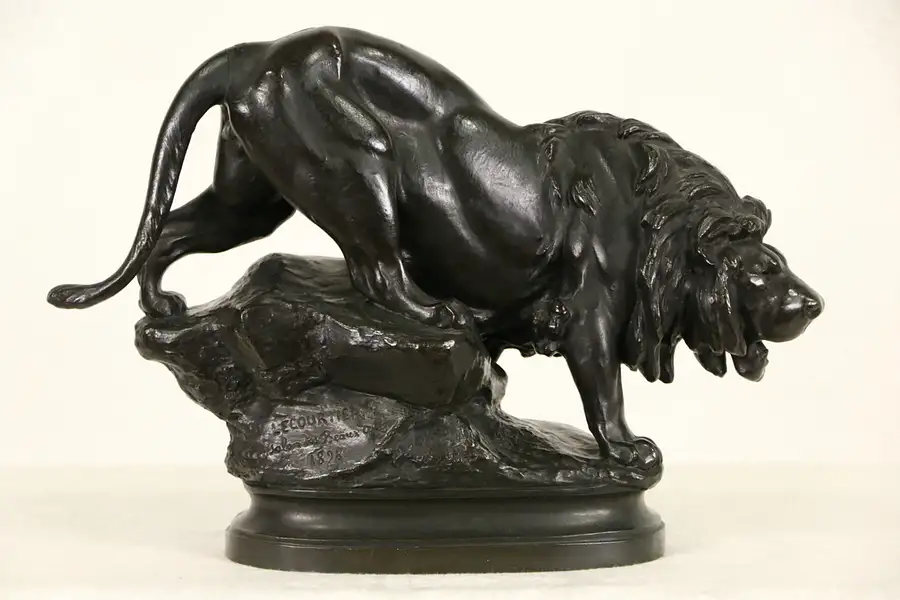 Main image of Lion Statue Antique 1900 era French Bronze Sculpture, Signed Lecourtier