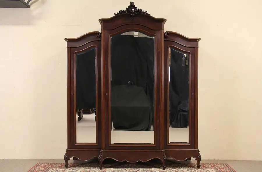 Main image of French Triple Armoire, 1910 Antique Beveled Mirror Doors