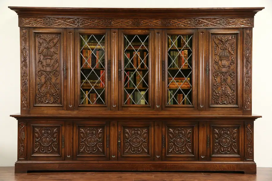 Main image of Dutch 1920 Grapevine Carved Oak 10' Library Bookcase, Leaded Glass Doors