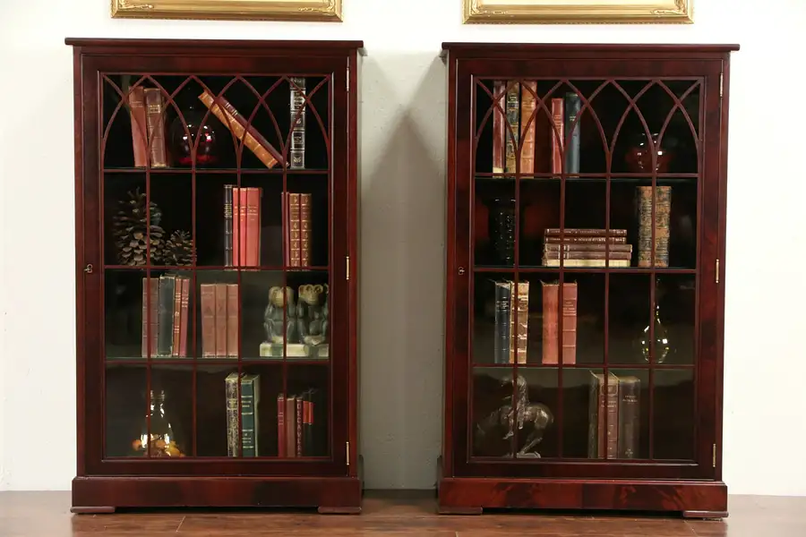 Main image of Pair of 1900 Antique Gothic Mahogany Display Cabinets or Bookcases