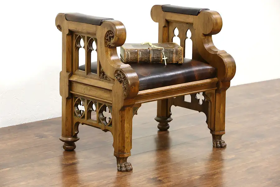 Main image of Gothic Carved 1870 Antique Walnut Hall Bench, Leather Upholstery