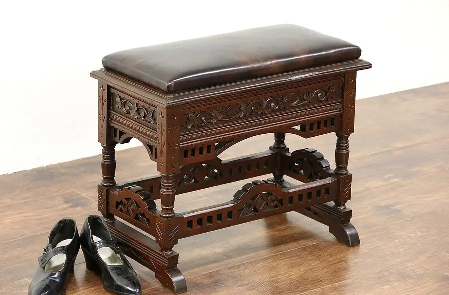Main image of Victorian Eastlake 1880 Antique Bench, Slipper Compartment, Leather Upholstery
