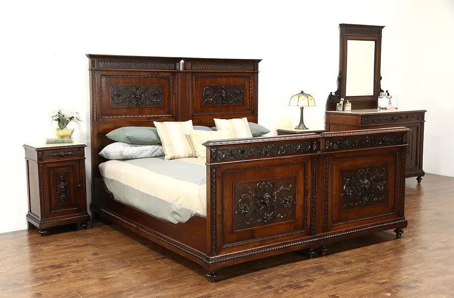 Main image of Italian Walnut Antique 4 pc. Bedroom Set, Marble, Carved Angels, King Size Bed