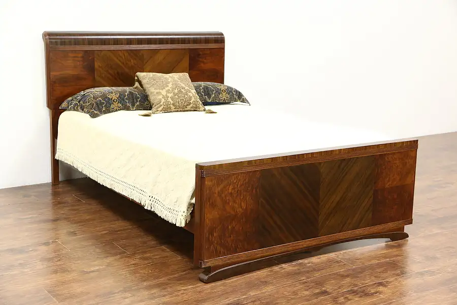 Main image of Art Deco Waterfall Mahogany & Burl 1935 Vintage Full Double Size Bed