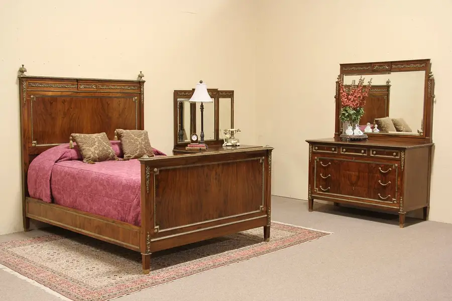 Main image of Louis XVI 1915 Full Size Bedroom Set, Burl and Bronze Mounts