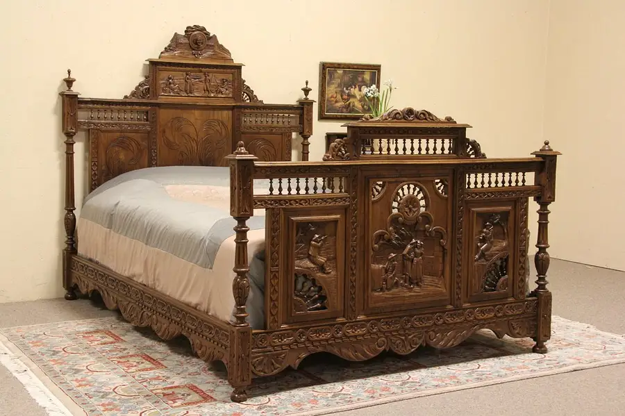 Main image of Brittany Carved Folk Scene Antique Chestnut 1900 Queen Size Bed