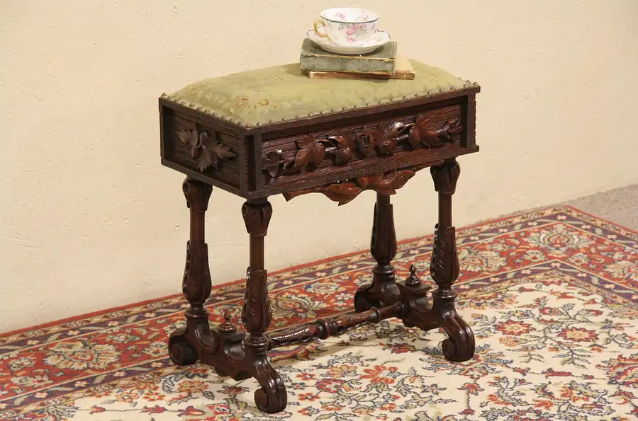 Main image of Victorian 1860 Antique Carved Walnut Slipper Bench