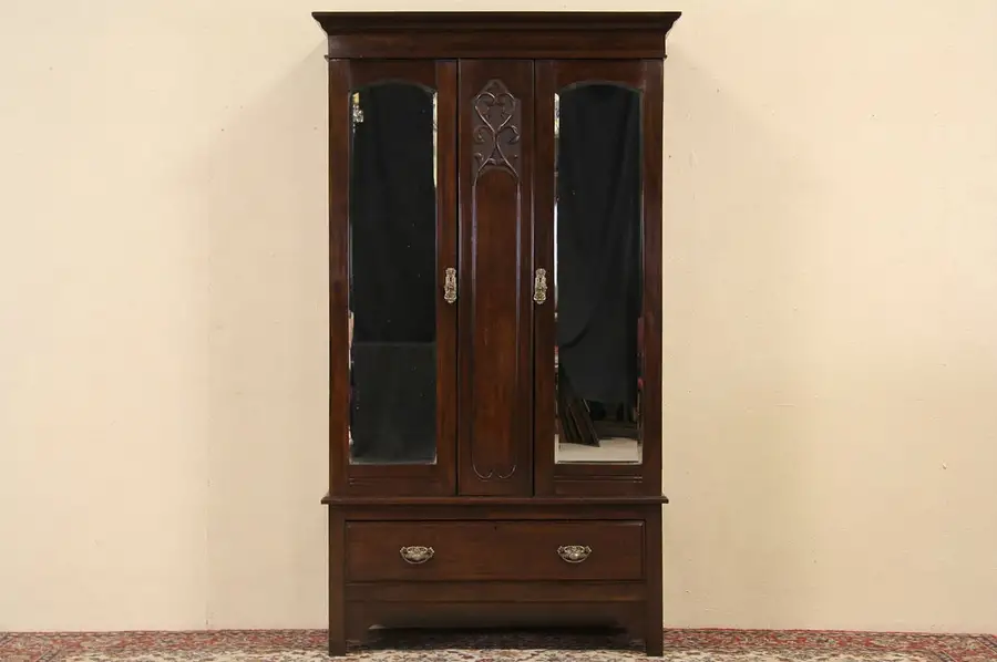 Main image of English 1900 Antique Armoire, Wardrobe or Closet, Beveled Mirrors