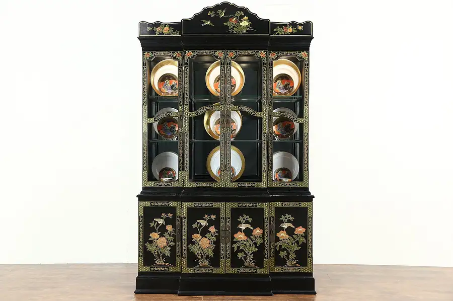 Main image of Chinese Hand Painted Lacquer Vintage Breakfront China Display Cabinet
