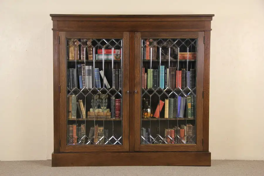 Main image of Oak 1900 Antique Library Bookcase, Leaded Beveled Glass Doors, 2 of 2