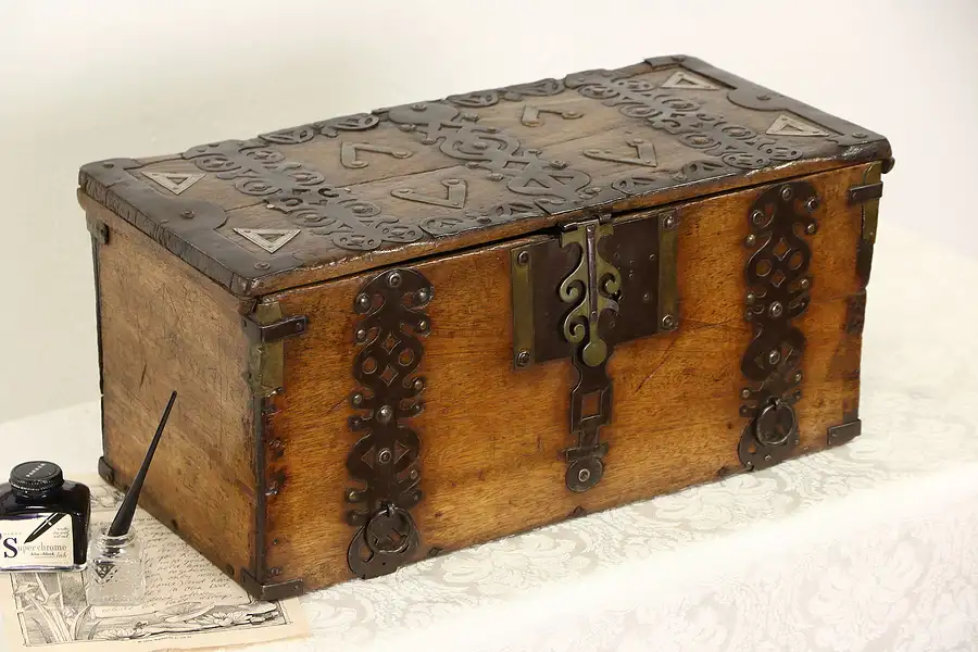 Main image of Thai Antique late 1800's Teak Treasure Box or Chest, Iron Stand