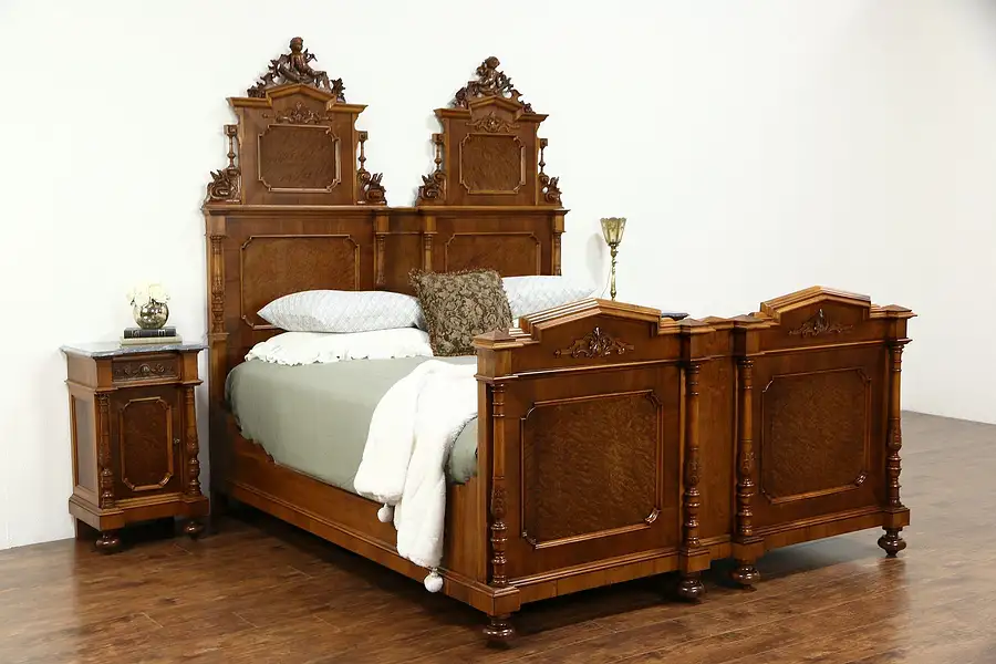 Main image of Italian 1900 Antique Bedroom Set, King Size Bed, 2 Nightstands, Carved Angels