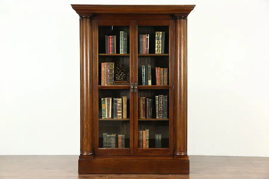 Main image of Oak 1900 Antique Library Bookcase, Wainscoting, Columns, Wavy Glass Doors