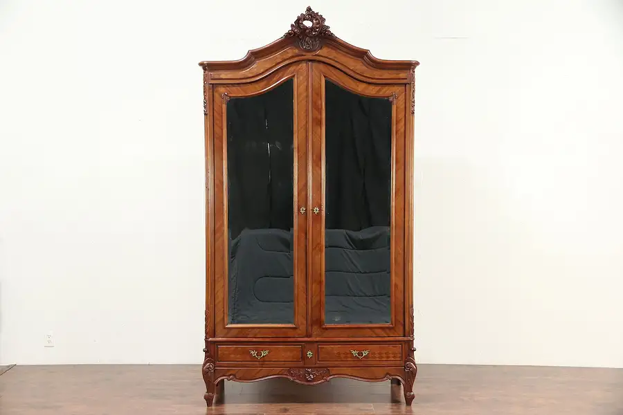 Main image of French Antique Mahogany Armoire, Beveled Mirror Doors, Shelves