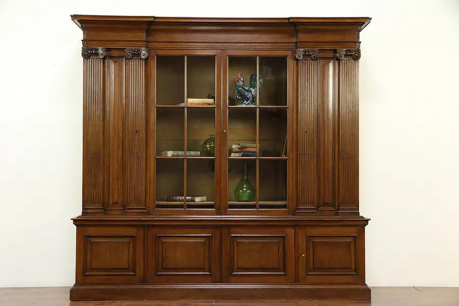 Main image of Classical Antique 1910 Carved Oak Scandinavian Library Bookcase A