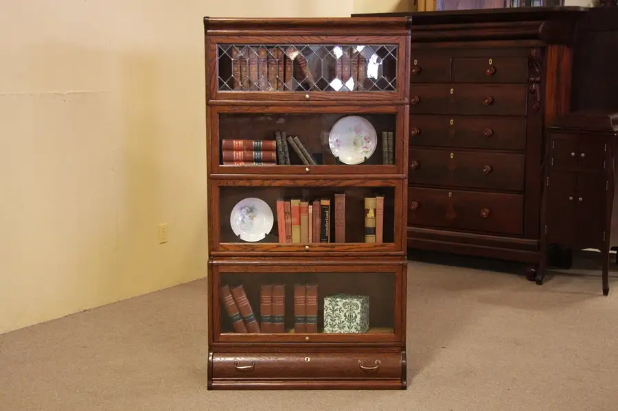 Main image of Lawyer's Oak 4 Stack Antique Bookcase, Leaded Window
