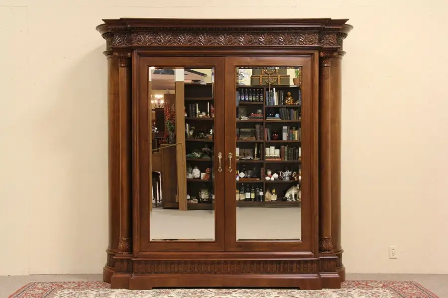Main image of Renaissance Carved Antique 1910 Armoire, Beveled Mirror Doors