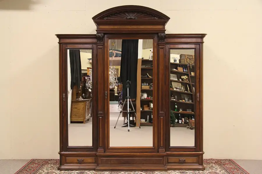 Main image of Combination 1890 Antique Triple Dressing Mirror & Armoire or Wardrobe