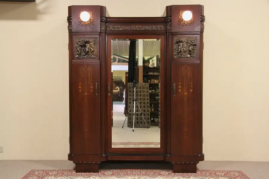 Main image of Italian 1915 Armoire with Mirror Door, Lights & Bronze Cherubs