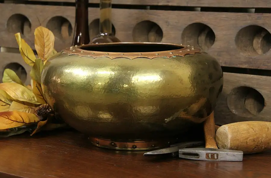 Main image of Arts & Crafts 1900 Antique Hand Hammered Brass & Copper Bowl