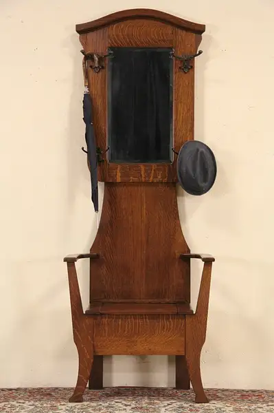 Main image of Oak 1900 Antique Hall Stand, Coat Rack, Mirror & Bench