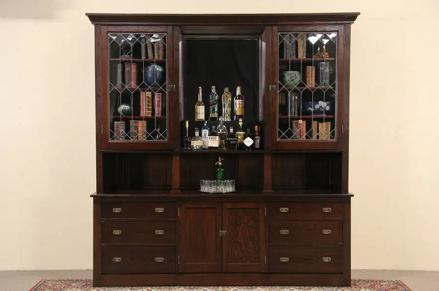 Main image of Arts & Crafts Mission 1905 Antique Oak Back Bar Sideboard Cabinet, Leaded Glass