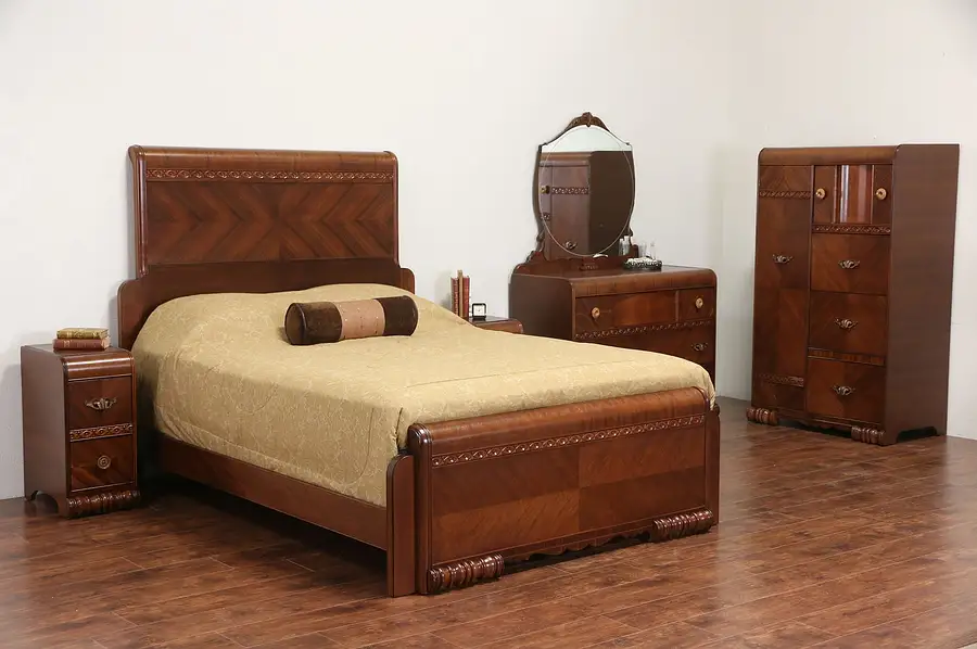 Main image of Art Deco 1935 Vintage Queen Size Waterfall 5 Pc. Bedroom Set With Nightstands