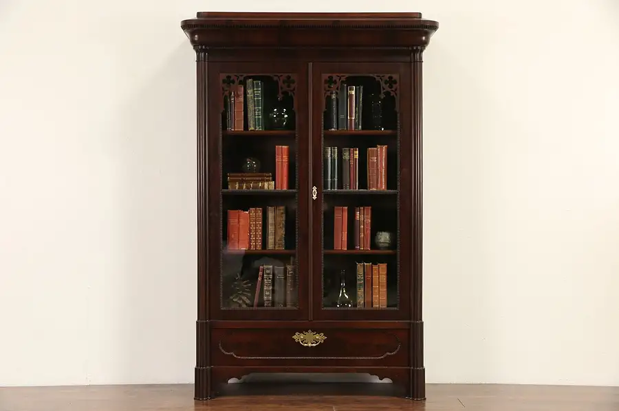 Main image of Victorian Gothic 1830's Antique Mahogany Bookcase, Secret Compartment