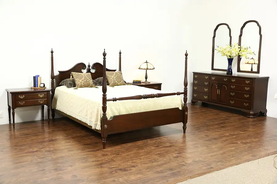 Main image of Ethan Allen Signed Vintage Cherry 6 Pc. Bedroom Set, Queen Size Poster Bed