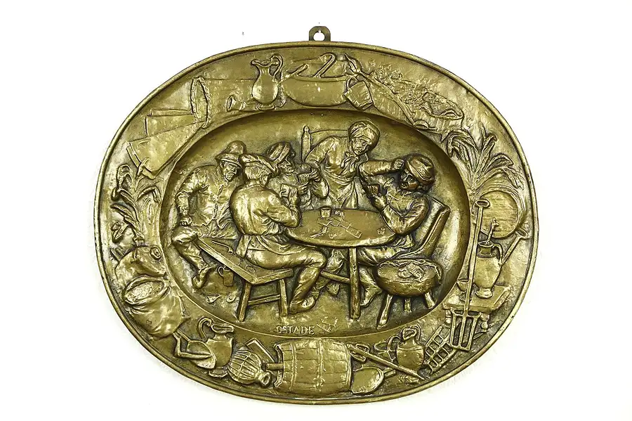 Main image of Brass Embossed Wine Cellar Antique 1890's Dutch Plaque, Signed Ostade