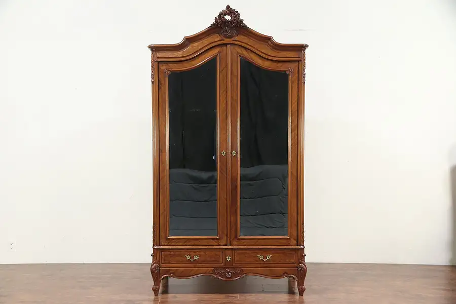 Main image of French Antique Mahogany Armoire, Beveled Mirror Doors, Closet Pole