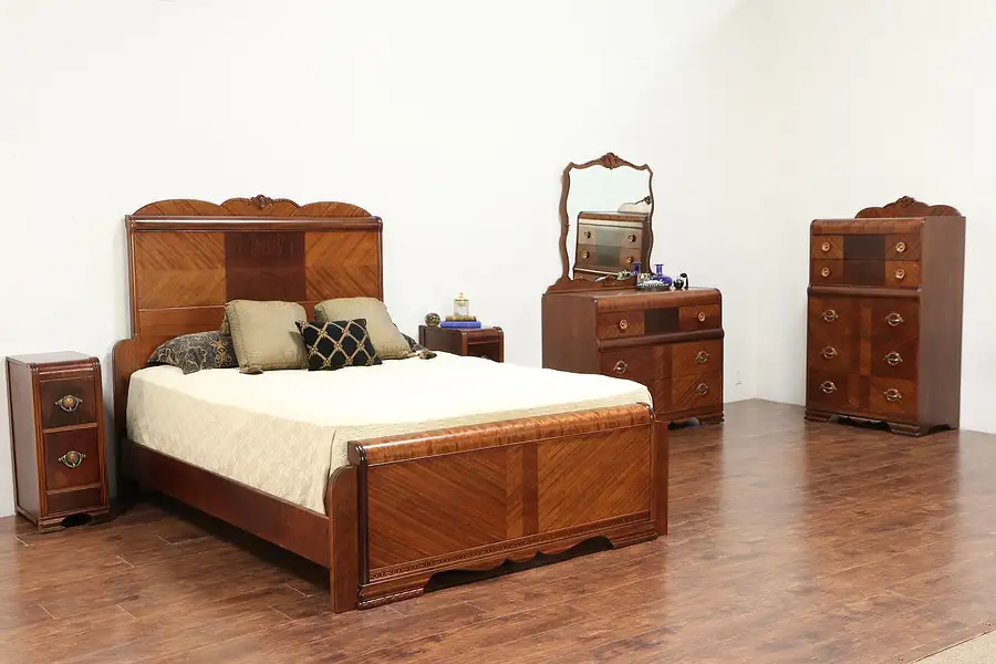 Main image of Art Deco Waterfall Queen Size 5 Pc. Vintage 1930's Bedroom Set