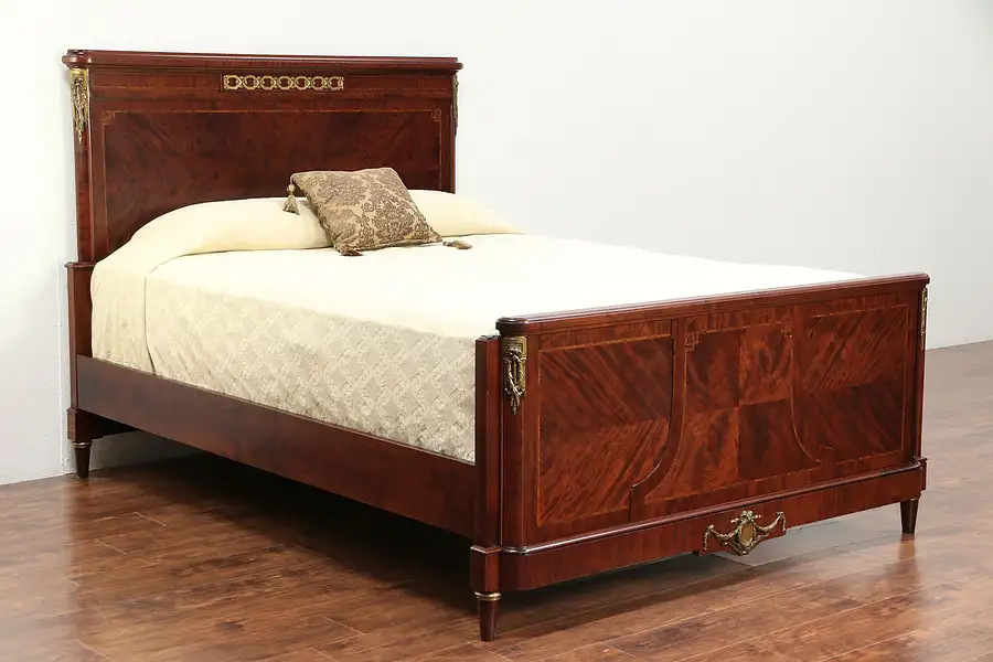 Main image of French Antique Queen Size Bed, Inlaid Tulipwood Banding, Bronze Mounts