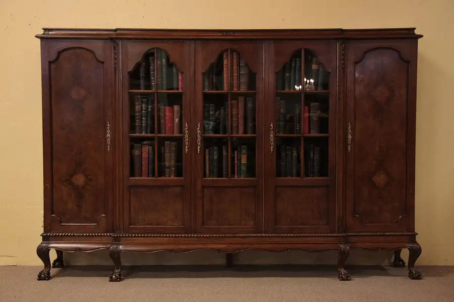 Main image of Oak & Burl Carved 5 Door Antique Bookcase