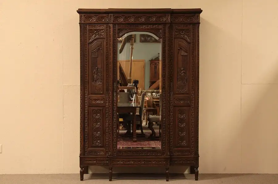 Main image of Brittany Carved Antique Triple Armoire with Mirror
