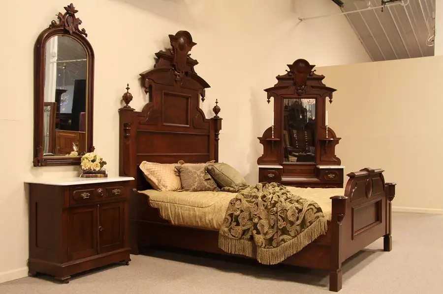 Main image of VIctorian Marble Top Queen Size Bedroom Set
