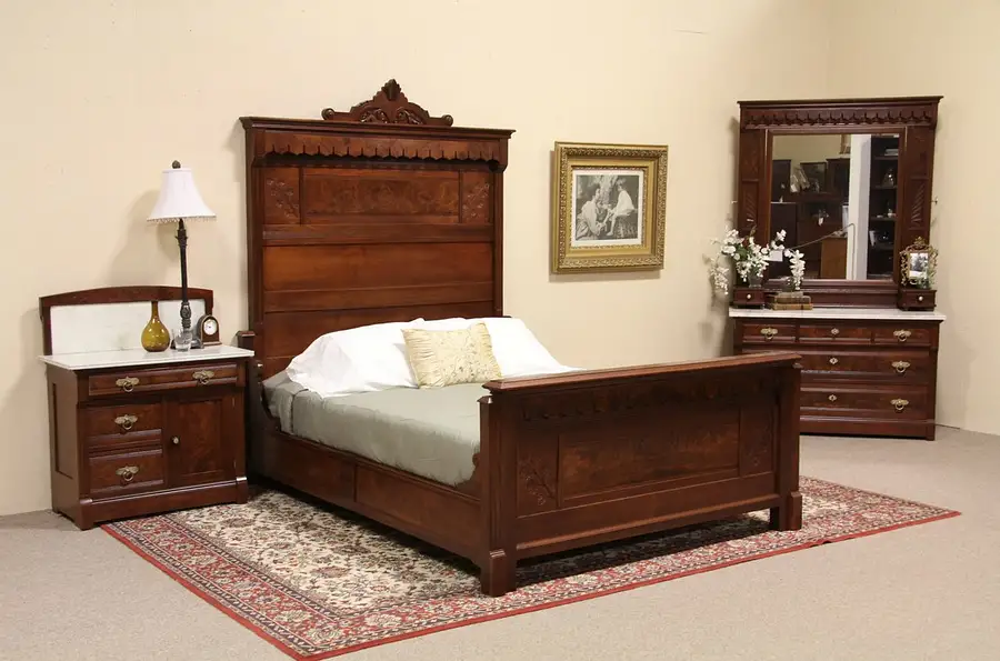 Main image of Eastlake Queen Size 3 Pc. 1885 Bedroom Set, Marble Tops