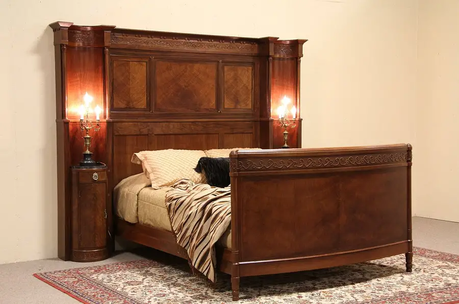Main image of Italian Carved Queen Size Bed, Attached Marble Top Nightstands