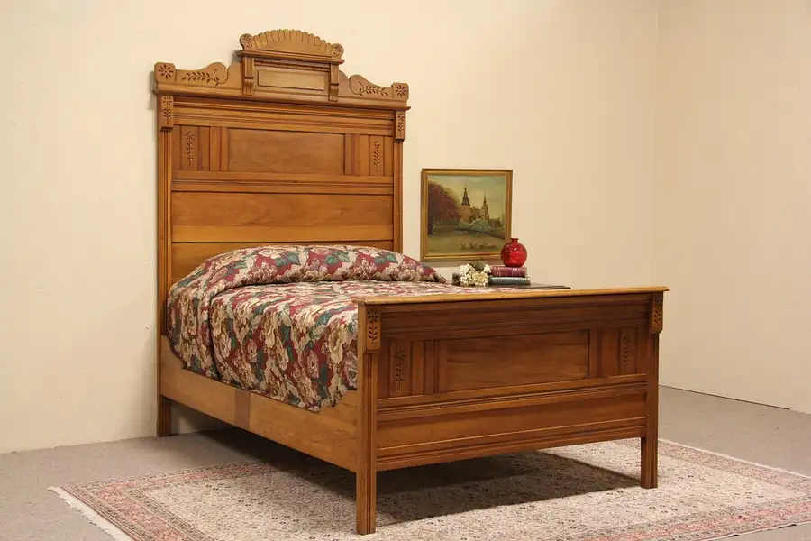 Main image of Victorian Eastlake 1875 Antique Spoon Carved Full Size Maple Bed