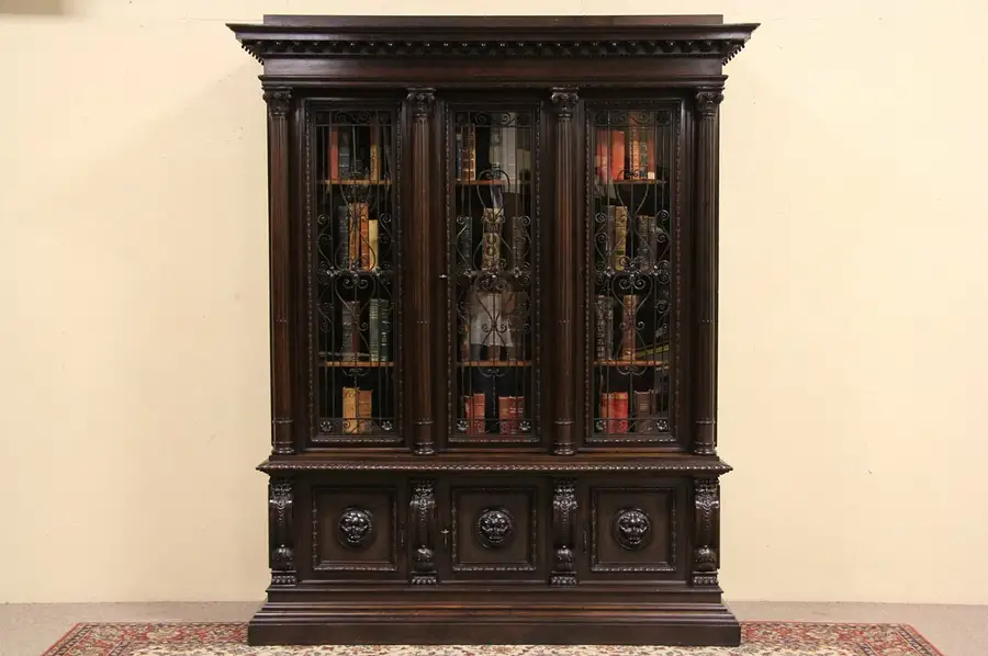 Main image of Italian 1900 Antique Triple Bookcase, Iron Grillwork, Carved Heads