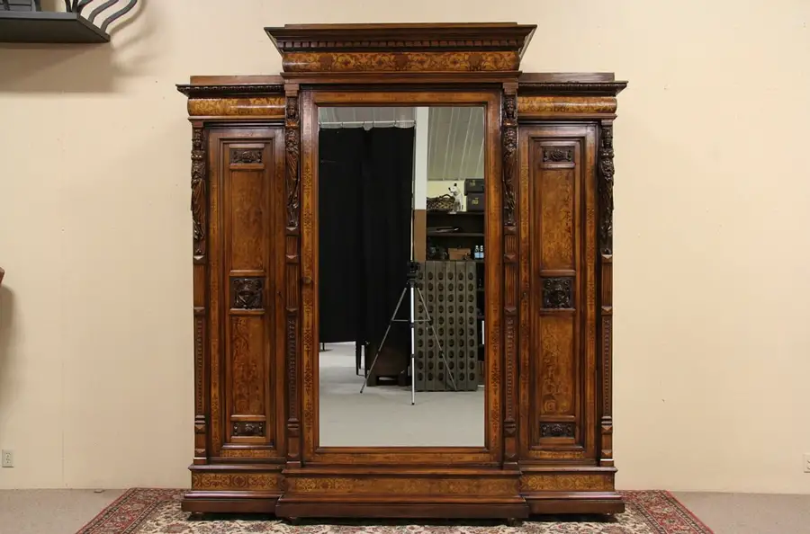 Main image of Italian 1880 Antique Armoire, Hand Carved Figures, One Way Mirror