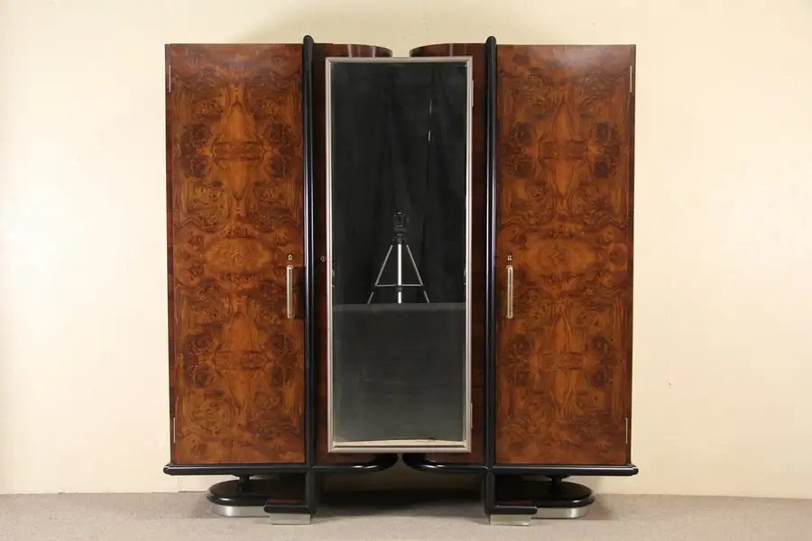 Main image of Italian 1935 Art Deco Triple Armoire, Rosewood & Burl, Beveled Mirror
