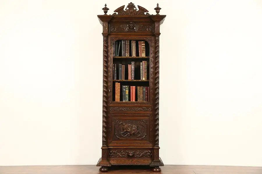 Main image of Black Forest 1870 Antique Oak Bookcase, Carved Spiral Columns & Gargoyles
