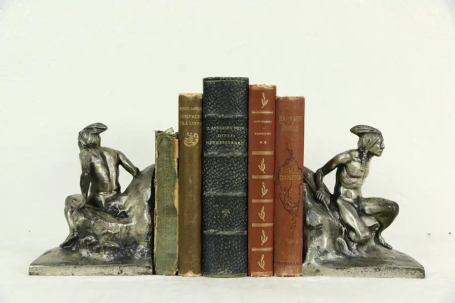 Main image of Pair of American Indian Sculpture Antique 1920 Bookends, Pewter Finish
